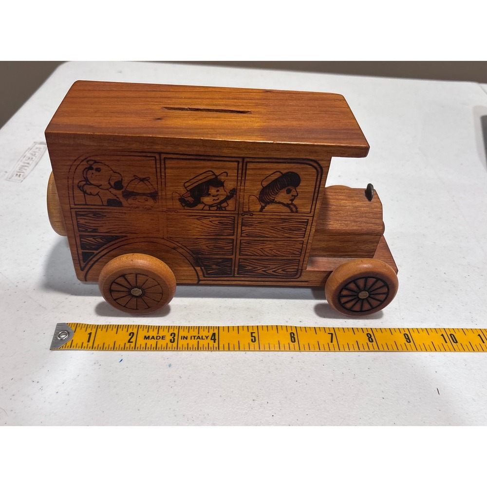 Vintage Nostalgia Inc 1977 Wooden Trolley Car Coin Bank Rolling Wheels Brown - Picture 8 of 10